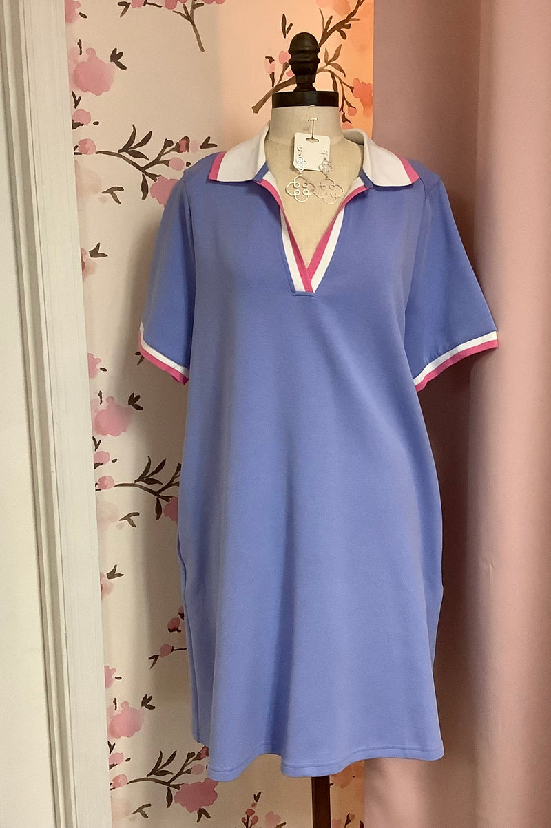 Blue Solid Short Sleeve Pullover Dress Plus Curvy
