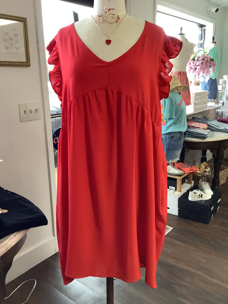 Poppy Red Plus Size V-Neck Dress With Pockets