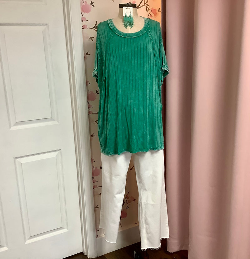 Kelly Green Acid Washed Ribbed Short sleeve Boat-Neck Top Curvy Plus