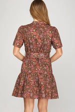 Short Sleeve Woven Floral Print V Neck Midi Dress With Pockets
