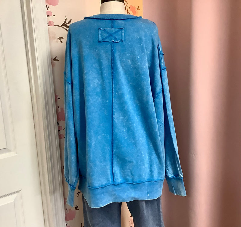 Sky Blue Acid Wash French Terry Exposed-Seam Sweatshirt Plus Curvy