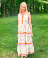 Orange & Green Floral V-Neck Midi Dress