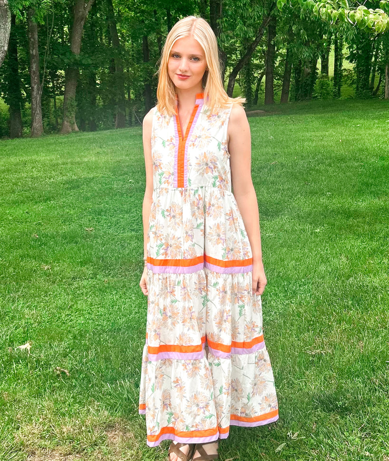 Orange & Green Floral V-Neck Midi Dress