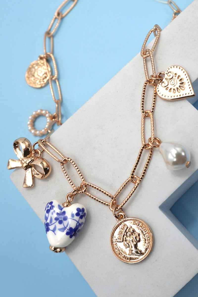 Ceramic Bow Heart Link Necklace