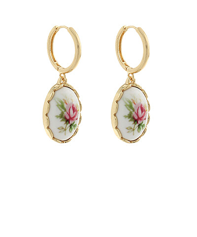 Pink/Gold Oval Vintage Rose Printed Charm Hoops
