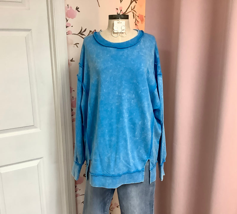Sky Blue Acid Wash French Terry Exposed-Seam Sweatshirt Plus Curvy