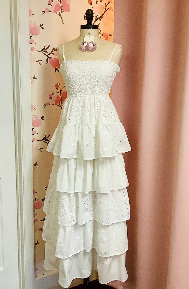 White Sleeveless Ruffle Cotton Eyelet Maxi Dress