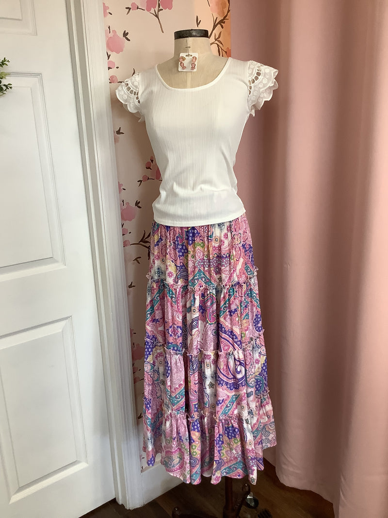 Lilac Pink Printed Peach Blossom Tiered Skirt