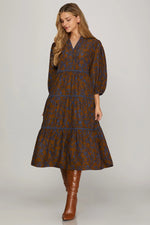 3/4 SLEEVE FLORAL WOVEN PRINT MIDI DRESS WITH CONTRAST BINDING DETAIL WITH POCKETS!