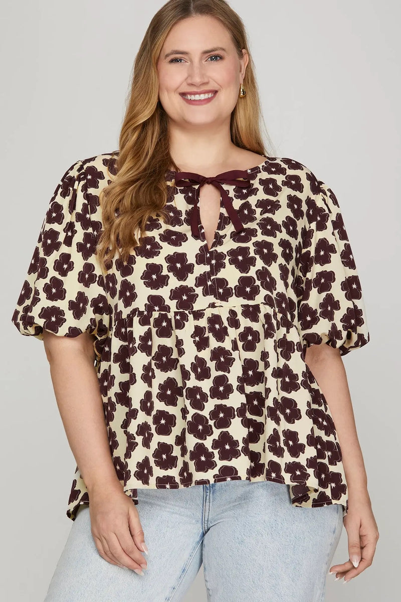 Puff Sleeve Front Bow Tie Floral Print Woven Baby Doll Top Curvy Plus