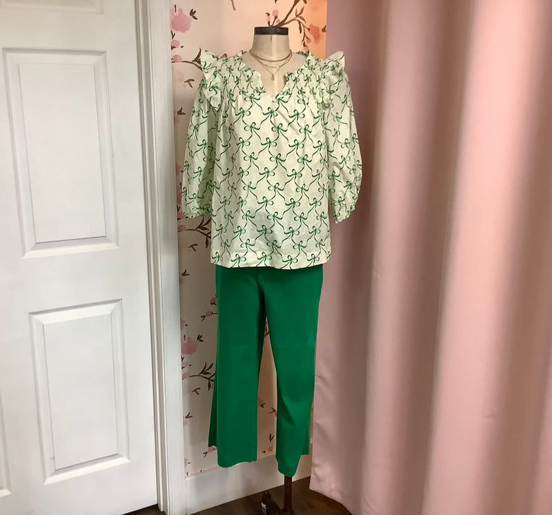 Bow Print Smocked Ruffle Sleeve Top