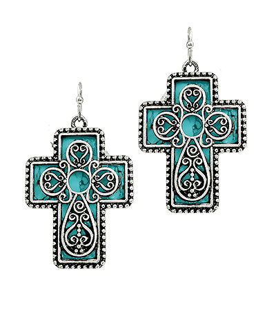 Cross With Pattern Stone Antique Earrings