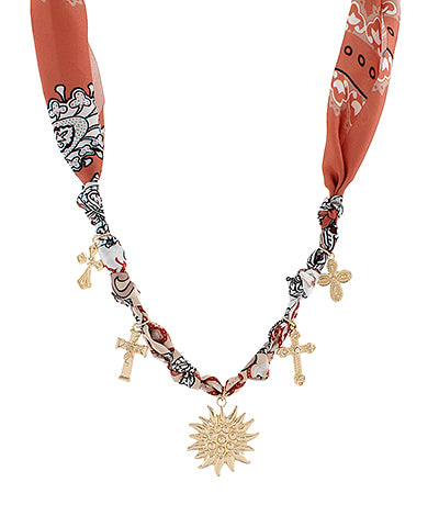 Sun and Moon Cross Charm Scarf Necklace