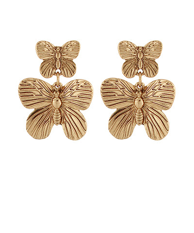 Worn Gold Textured Butterfly Drop Earrings