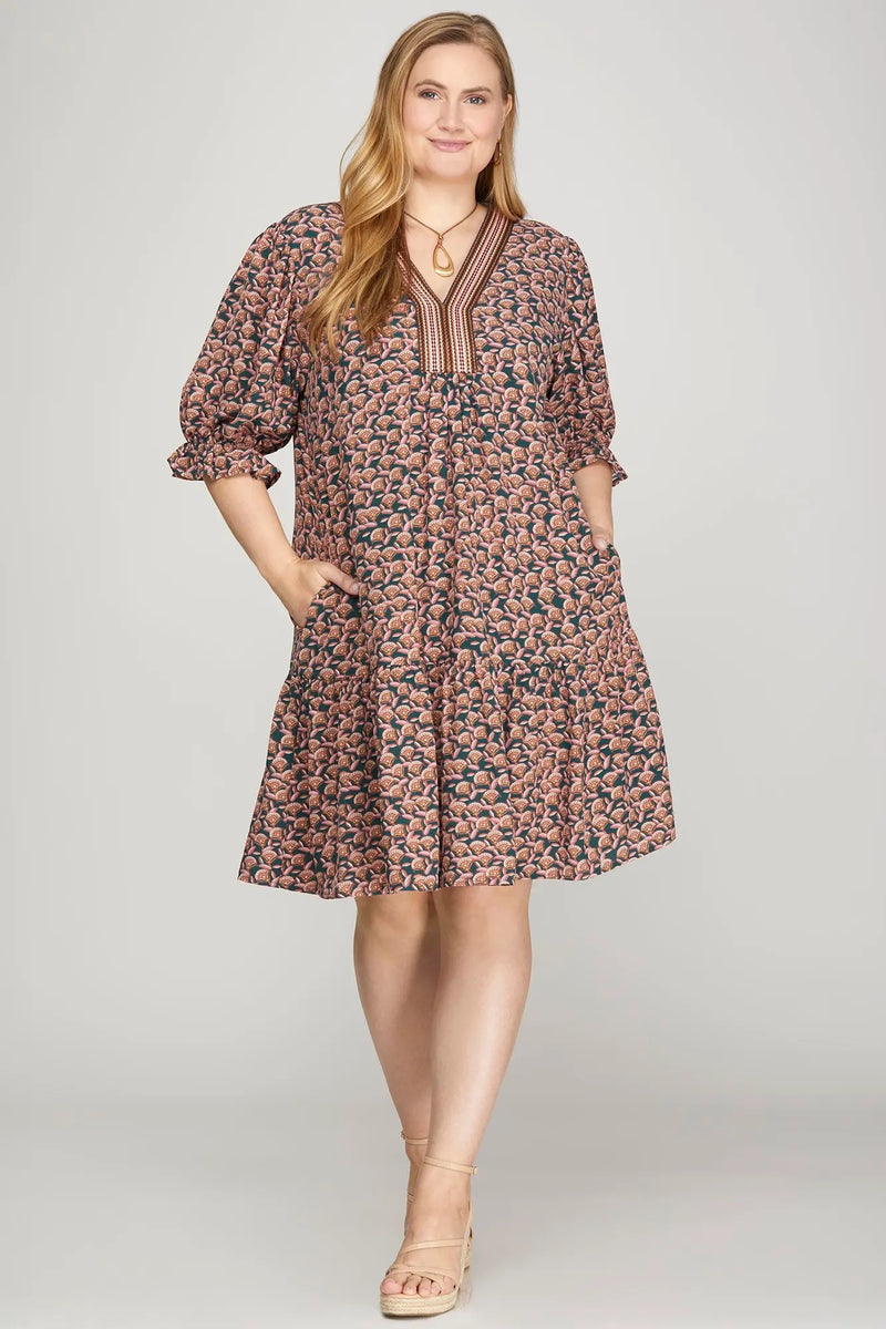 Puff Sleeve V Neck With Patch Woven Print Dress With Pockets