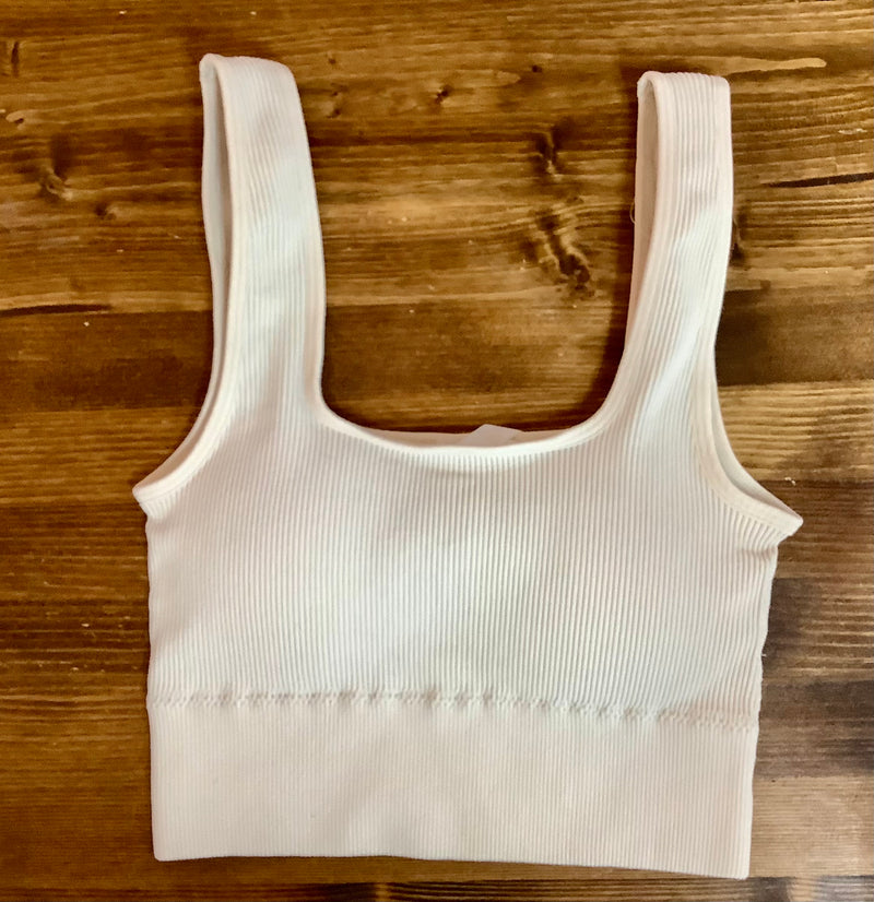 Beige Seamless Ribbed Square Neck Cropped Tank Top