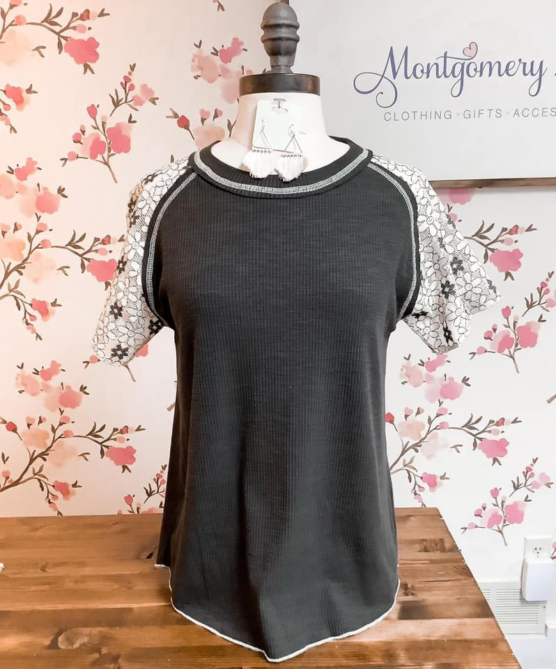 Charcoal Round Neck Raglan Short Sleeve Top With Floral Sleeves