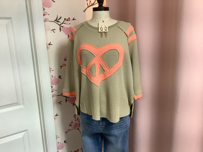 3/4 Sleeve Khaki Thermal Knit Peach Top