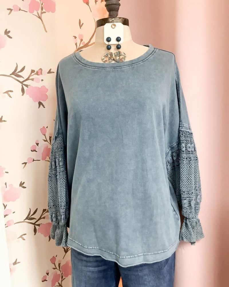 Washed Denim Bubble Laced Sleeves Mineral Washed Top