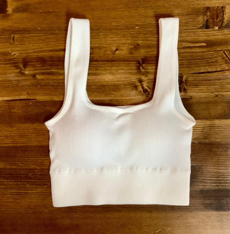 White Seamless Ribbed Square Neck Cropped Tank Top