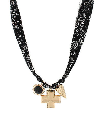 Black Bold Cross Charm Scarf Necklace