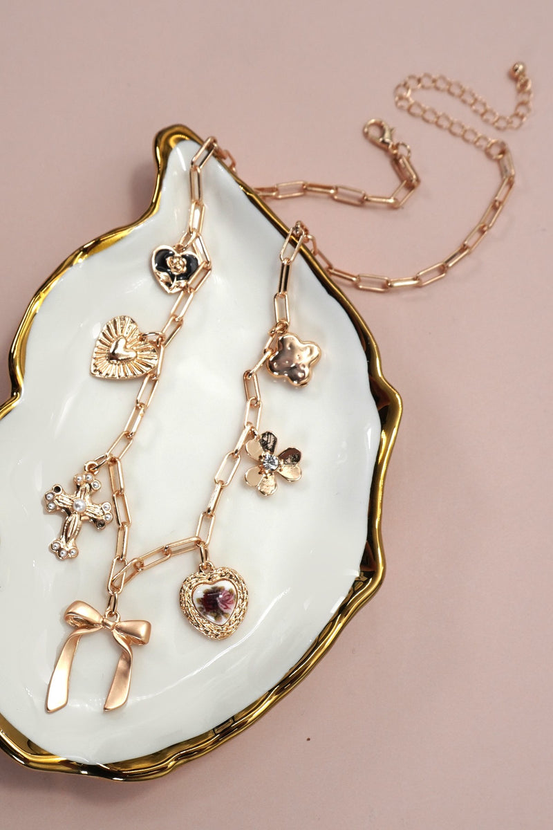 Charm Necklace Porcelain Flower Bow Cross