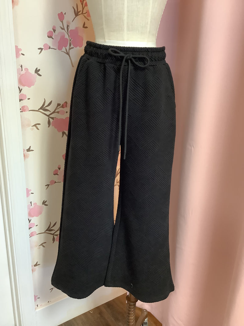 Black Textured Cropped Wide Leg Pants Regular and Curvy