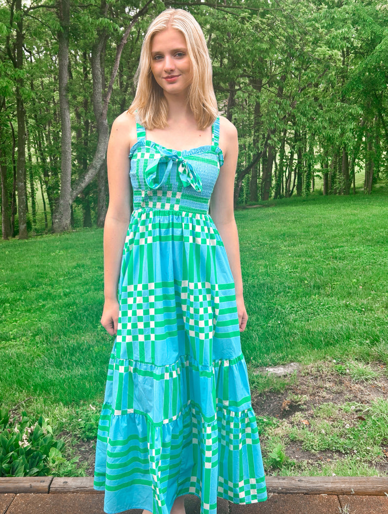 Aqua and Green Sleeveless Plaid Midi Dress
