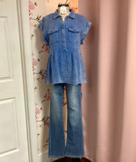 Light Blue Mid Button Baby Doll Collared Top