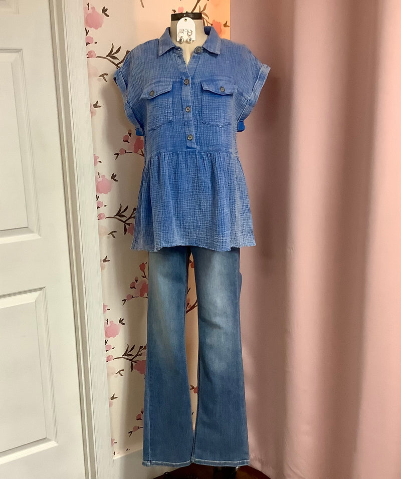 Light Blue Mid Button Baby Doll Collared Top