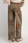 OLIVE FLOWER PRINT WASHED TWILL PANTS