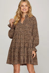 LONG SLEEVE WOVEN LEOPARD PRINT TIERED DRESS WITH POCKETS
