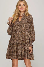 LONG SLEEVE WOVEN LEOPARD PRINT TIERED DRESS WITH POCKETS