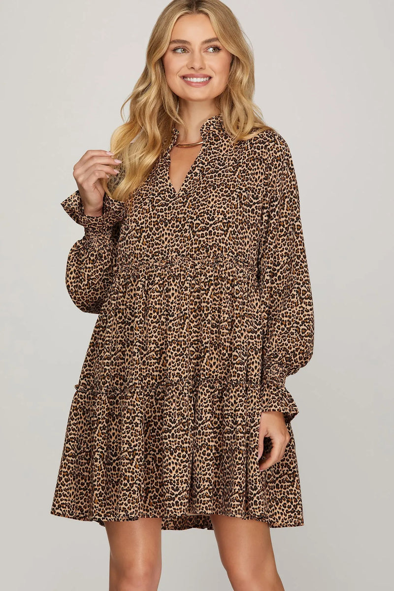 LONG SLEEVE WOVEN LEOPARD PRINT TIERED DRESS WITH POCKETS