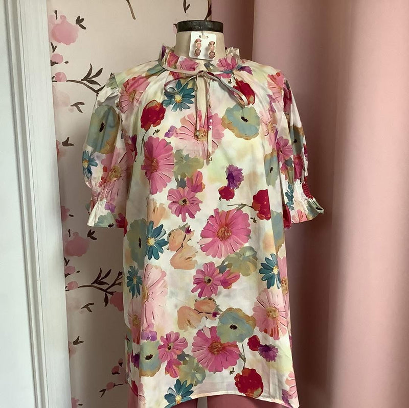 Berry Floral Print Smocked Pullover Top Plus Curvy