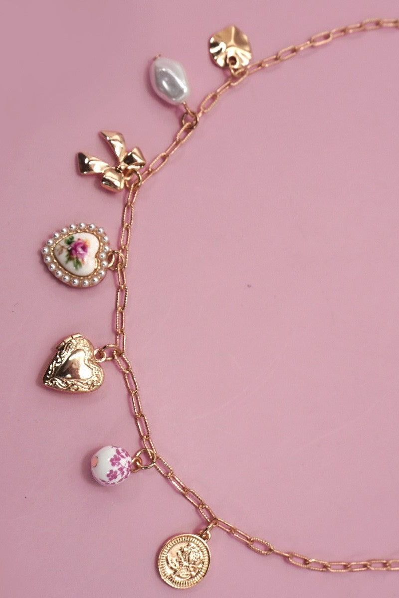 Porcelain Bow Heart Charm Link Necklace