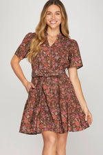 Short Sleeve Woven Floral Print V Neck Midi Dress With Pockets