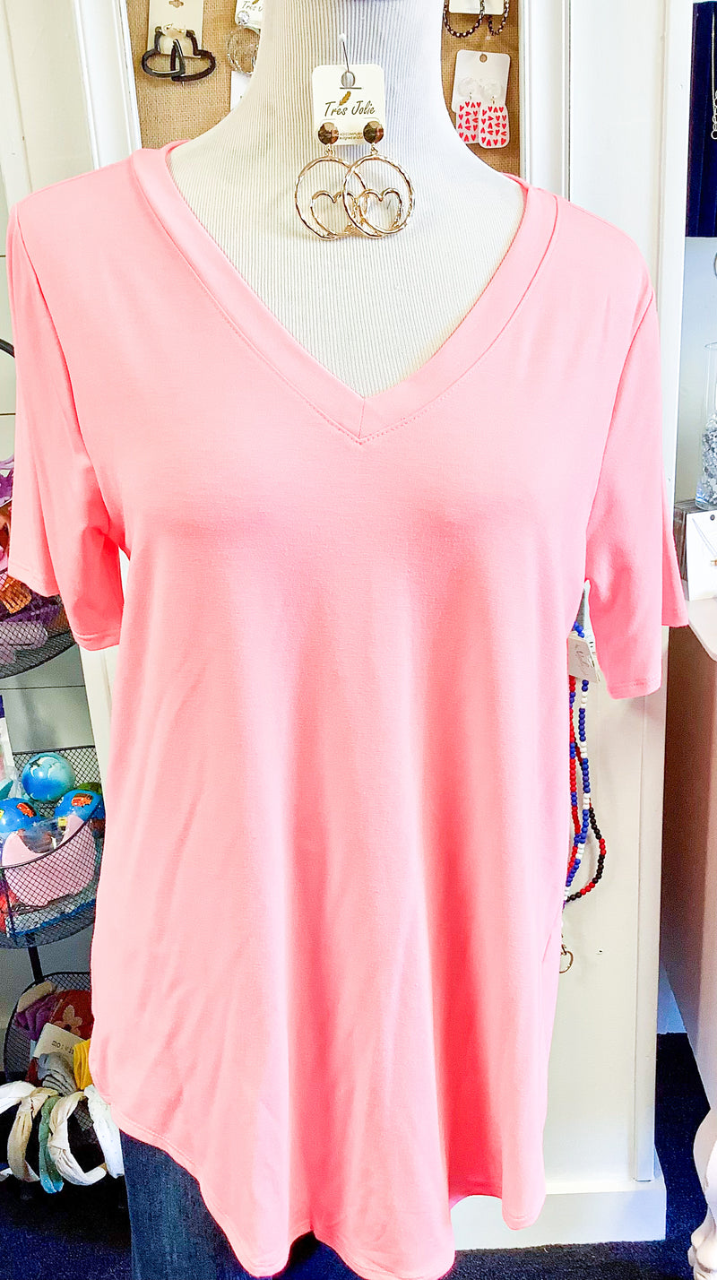Bright Pink Plus Size Short Sleeve V-Neck Top With Hi-Low Hem