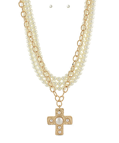 Pearl Cross & Multi Layered Necklace Set