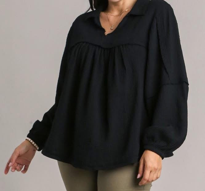 Black Curvy Long Cotton Gauze Collared V Neck Top