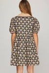 Puff Sleeve Printed Woven Tiered Dress With Rib Band Collar and Pockets