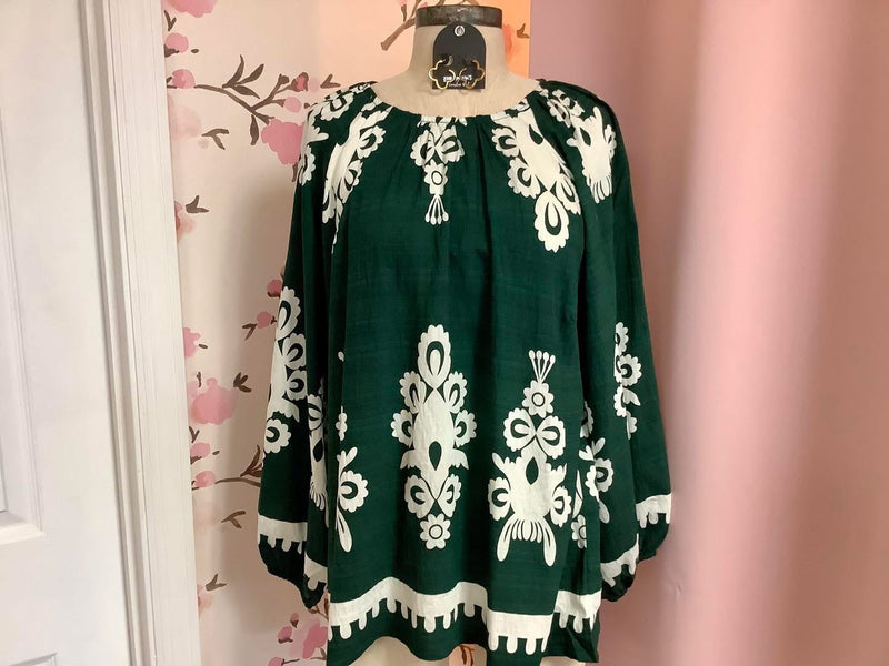 Two Tone Green Border Print Top