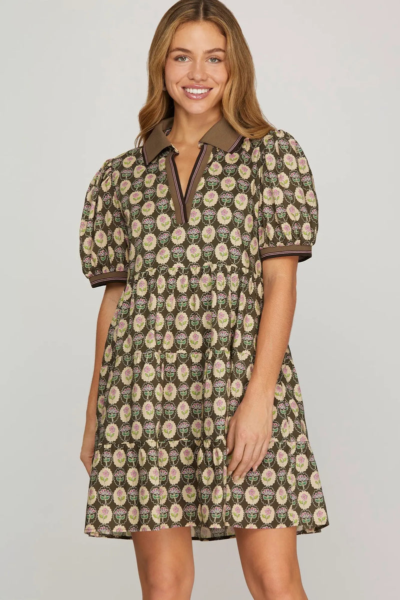 PUFF SLEEVE PRINTED WOVEN TIERED  DRESS WITH RIB BAND COLLAR WITH POCKETS!