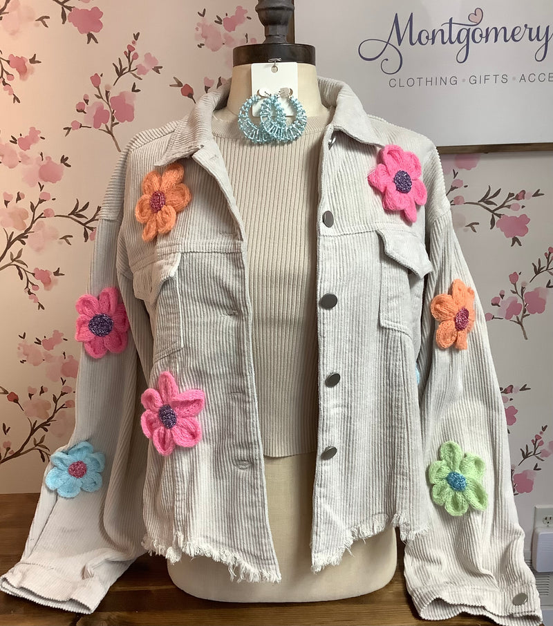 Light Tan Cotton Corduroy Flower Trim Frayed Hem Jacket