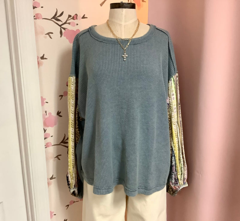 Dusty Blue Mix Print Washed Thermal Pullover