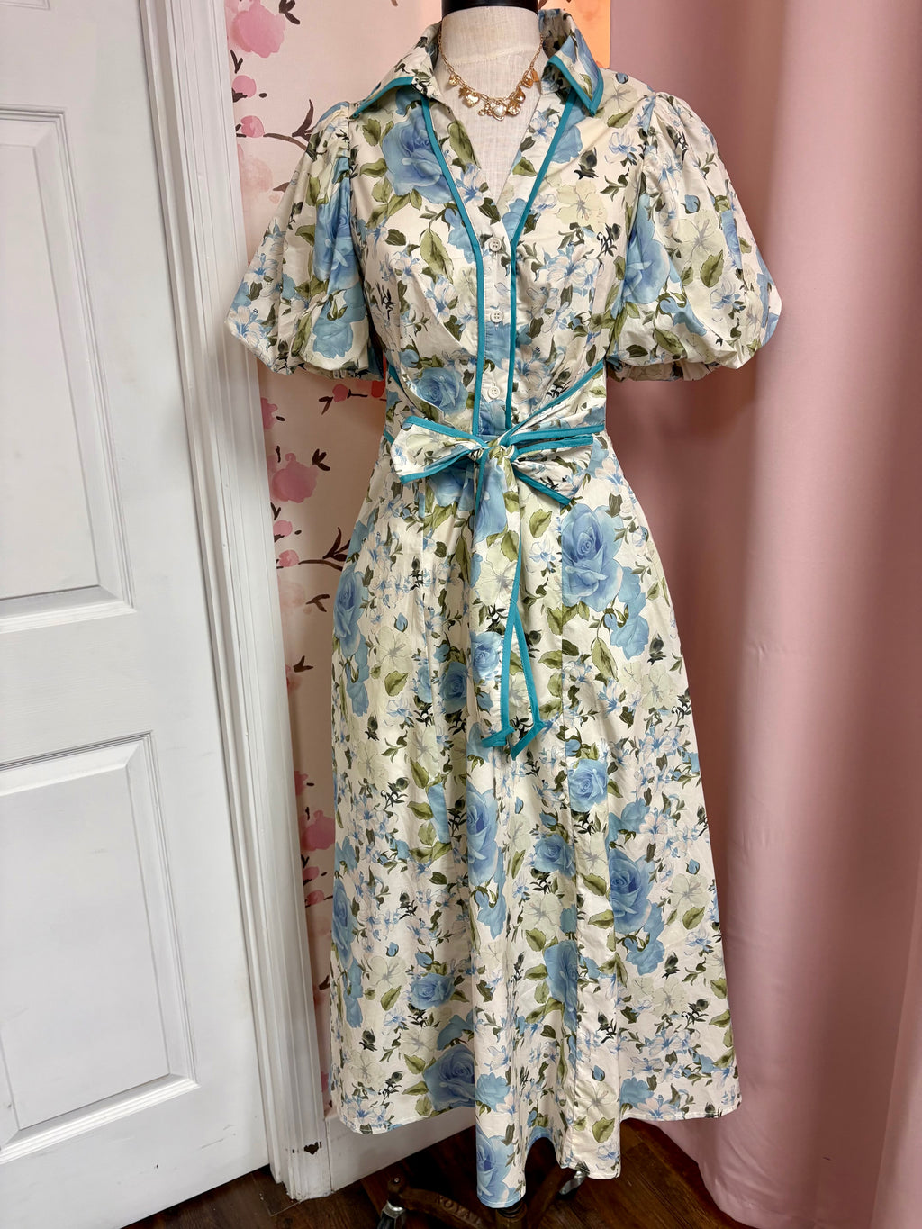 Blue Floral Dress With Belt