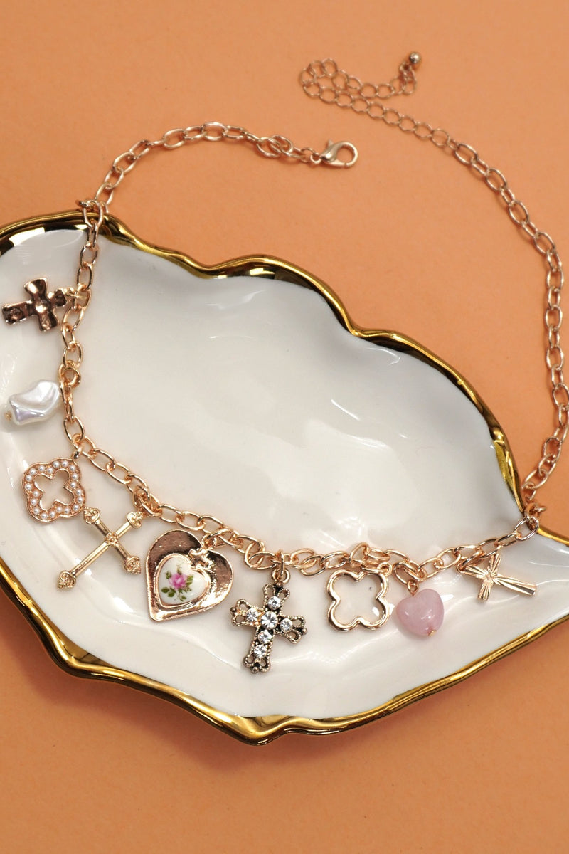 Charm Necklace Clover Cross Porcelain Flowers