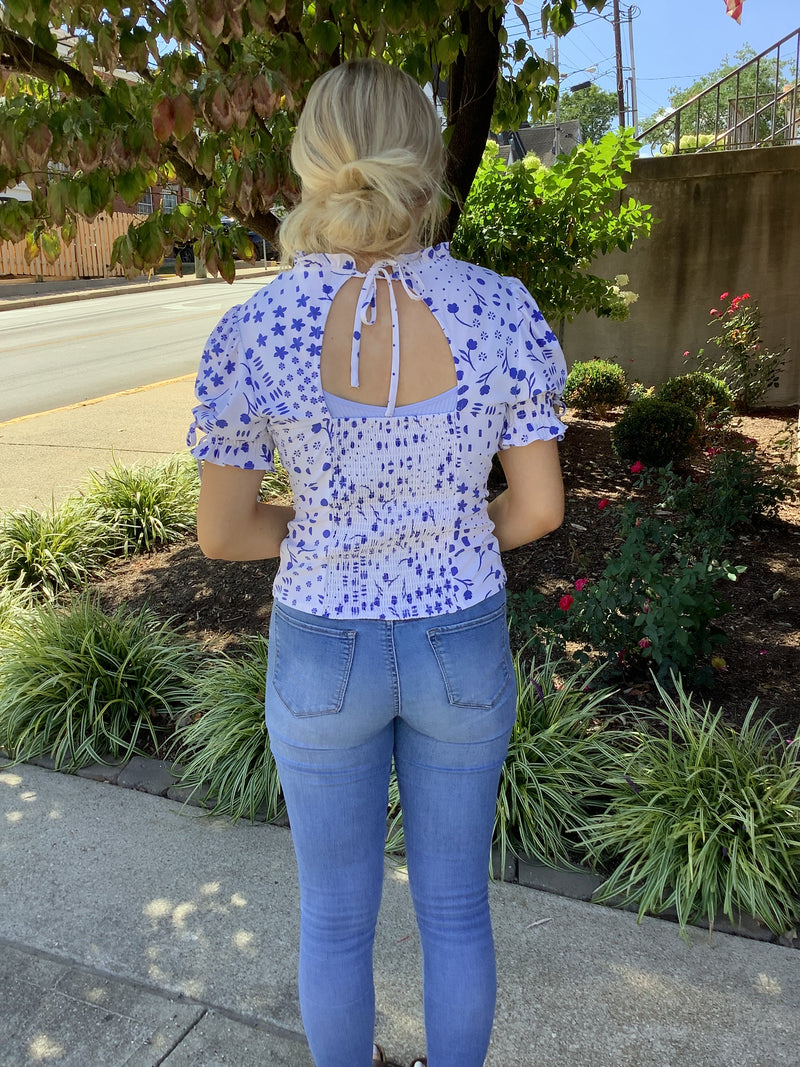 Blue & White Geometric Top With Cut Out Back