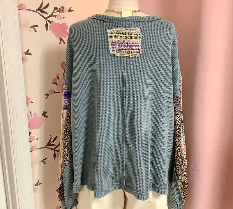 Dusty Blue Mix Print Washed Thermal Pullover