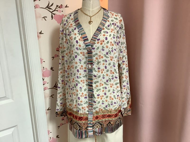 Lavender Orange Print Button Down Top